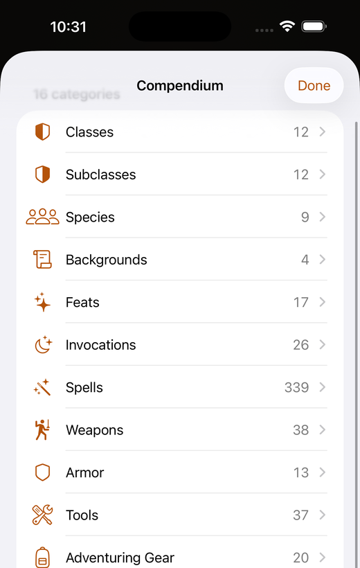 Compendium screen listing 16 categories including Classes, Species, Spells, and Rules Glossary