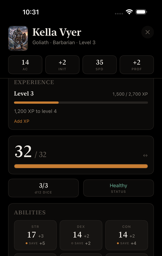Character Tracker Vitals tab showing hit points, experience, hit dice, and the six ability scores