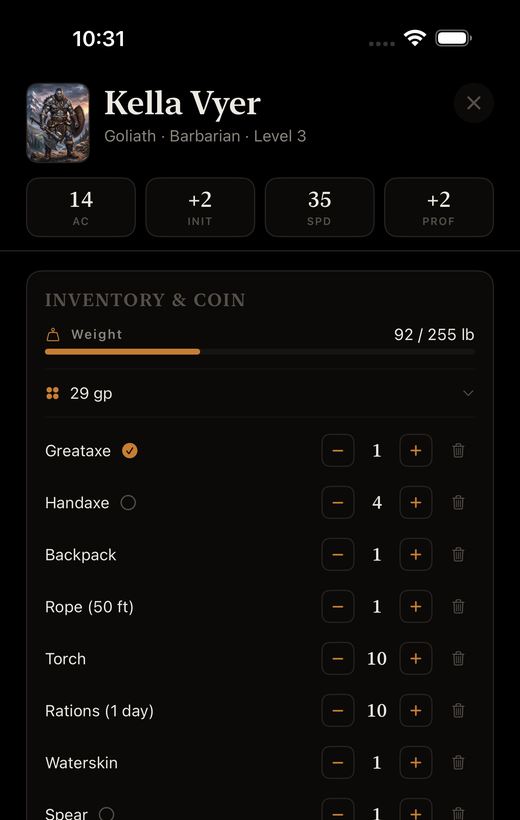 Character Tracker showing the Inventory and Coin tab, with a weight bar and itemized gear list